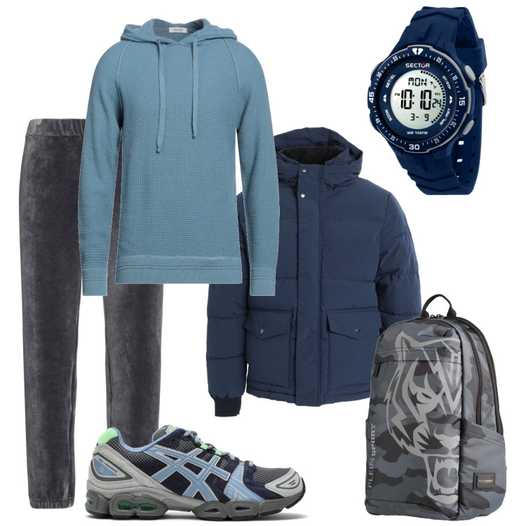 Outfit uomo - Weekend in montagna. Stile Casual per Sport. Abbinamento con pantaloni, piumini, borse sportive, pullovers, orologi digitali, sneakers.