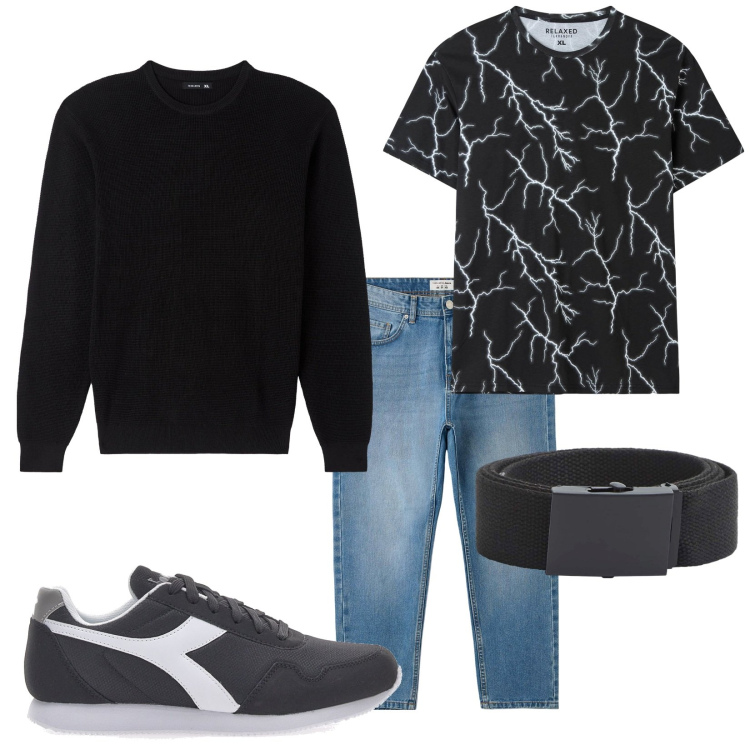 Outfit uomo - Total look #1819766. Stile Casual per Tutti i giorni. Abbinamento con t-shirt, jeans, maglieria, cinture, sneakers.