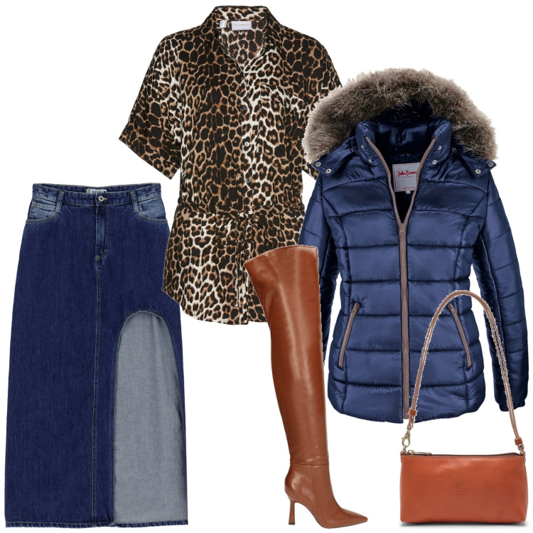 Outfit donna - Total look #1819778. Stile Casual per Tutti i giorni. Abbinamento con piumini, camicie a manica corta, gonne lunghe, stivali, borse a spalla.