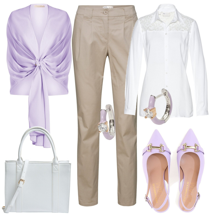 Outfit donna - Cerimonia. Stile Chic per Cerimonia. Abbinamento con pantaloni chino, camicie, shopping bag, orecchini, stole, ballerine.