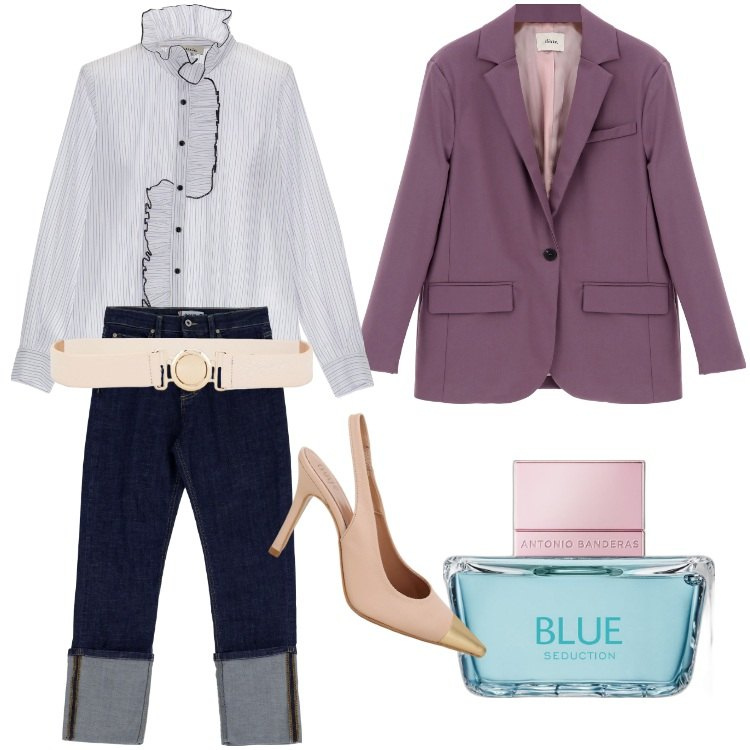 Outfit donna - Total look #1819803. Stile Trendy per Tutti i giorni. Abbinamento con profumi, jeans slim fit, camicie, décolleté, blazer, cinture.