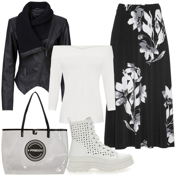 Outfit donna - Total look #1819814. Stile Casual per Tutti i giorni. Abbinamento con blazer, maglieria, gonne, shopping bag, stivaletti.