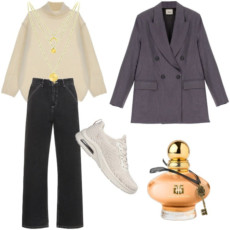 Outfit donna - Kelly_475 Febbraio. Stile Mannish per Tutti i giorni. Abbinamento con ciondoli, profumi, maglieria, giacche, jeans, sneakers.