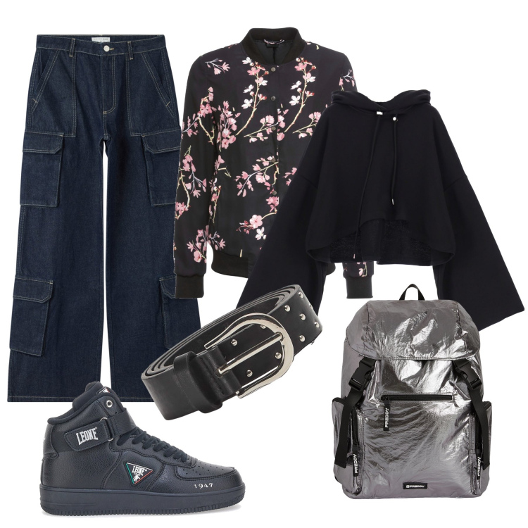 Outfit donna - Total look #1819832. Stile Sporty chic per Scuola/Università. look ideale per Tall. Abbinamento con bomber, jeans, cinture, felpe con cappuccio, zaini, sneakers.