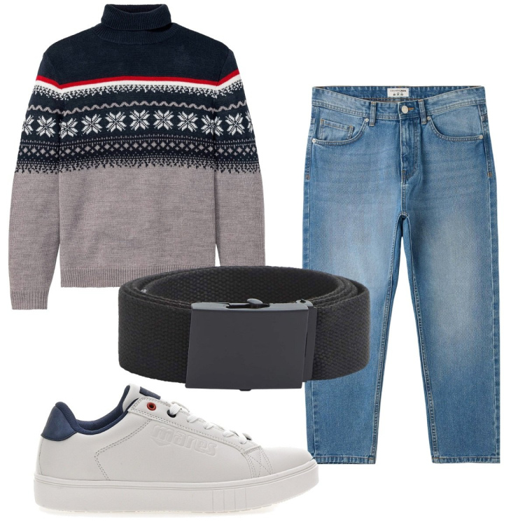 Outfit uomo - Total look #1819846. Stile Casual per Tutti i giorni. Abbinamento con maglieria, jeans, cinture, sneakers.