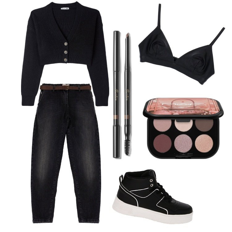 Outfit donna - La sneaker per la città-Febbraio. Stile Urban per Tutti i giorni. Abbinamento con ombretti, matite sopracciglia, cardigans, top, jeans, sneakers.