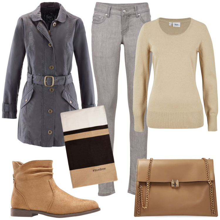 Outfit donna - Commissioni al mattino. Stile Casual chic per Tutti i giorni. Abbinamento con jeans skinny, maglieria, trench, stivaletti, borse a spalla, sciarpe.