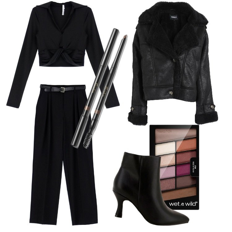 Outfit donna - Wet n Wild Color Icon giorno/sera. Stile Rock per Tutti i giorni. Abbinamento con ombretti, matite sopracciglia, blazer, pantaloni a palazzo, maglieria, stivaletti.
