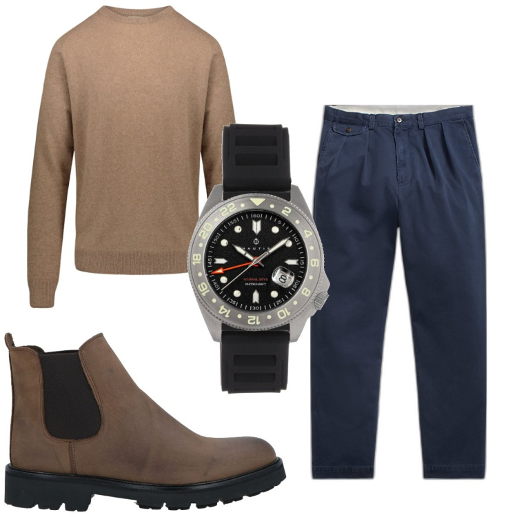 Outfit uomo - Total look #1819881. Stile Casual per Tutti i giorni. Abbinamento con stivali e stivaletti, orologi, pantaloni chino, maglieria.