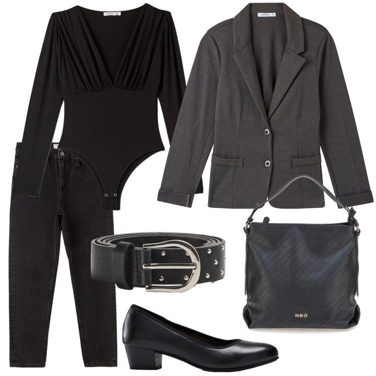 Outfit donna - Body e jeans. Stile Casual chic per Tutti i giorni. Abbinamento con décolleté, body, cinture, jeans mom, blazer, borse a spalla.