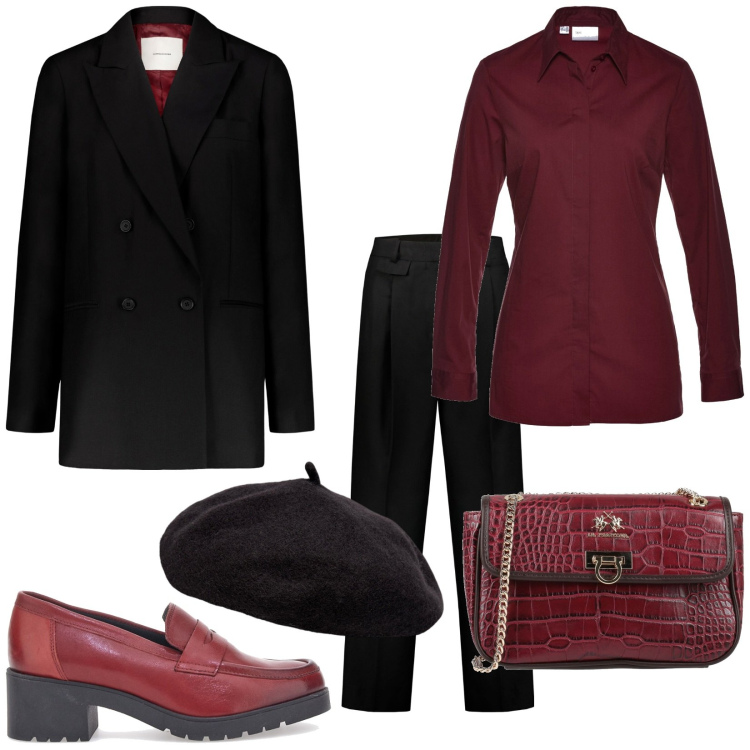 Outfit donna - In ufficio. Stile Bon Ton per Ufficio. Abbinamento con camicie, borse a tracolla, pantaloni, cappelli e berretti, mocassini, blazer.