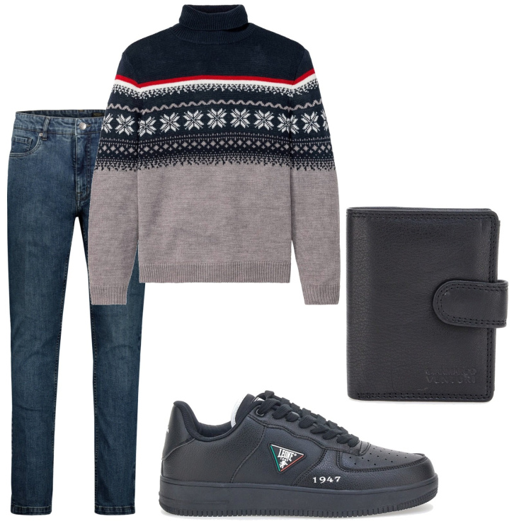 Outfit uomo - Total look #1819902. Stile Casual per Tutti i giorni. Abbinamento con maglieria, jeans, portafogli, sneakers.