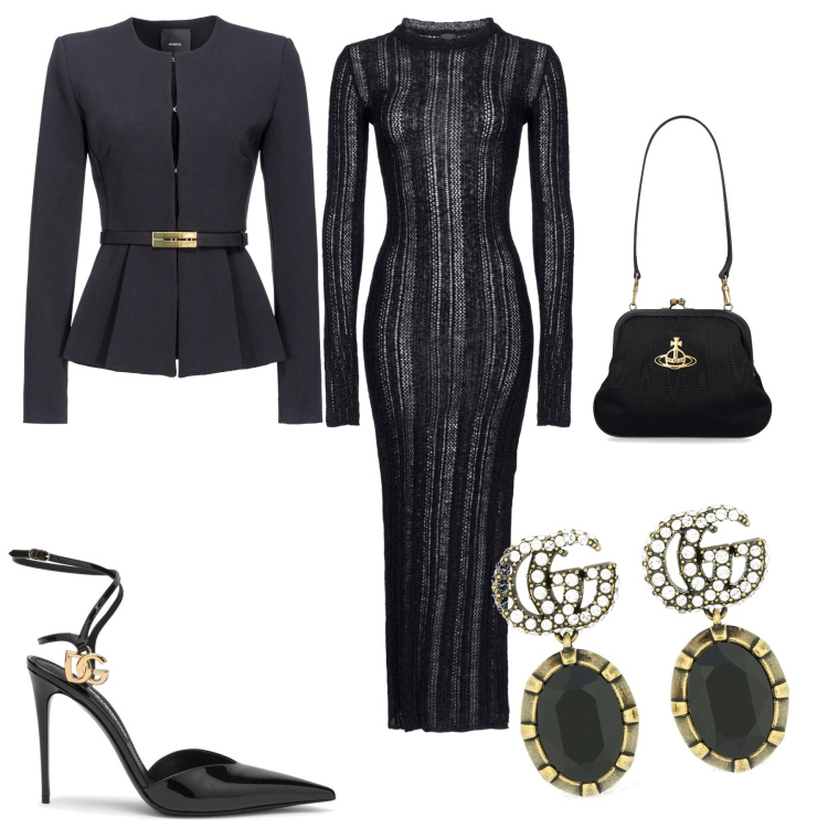 Outfit donna - Di sera. Stile Glamour per Serata fuori. Abbinamento con blazer, vestiti lunghi, orecchini, pochette, décolleté.