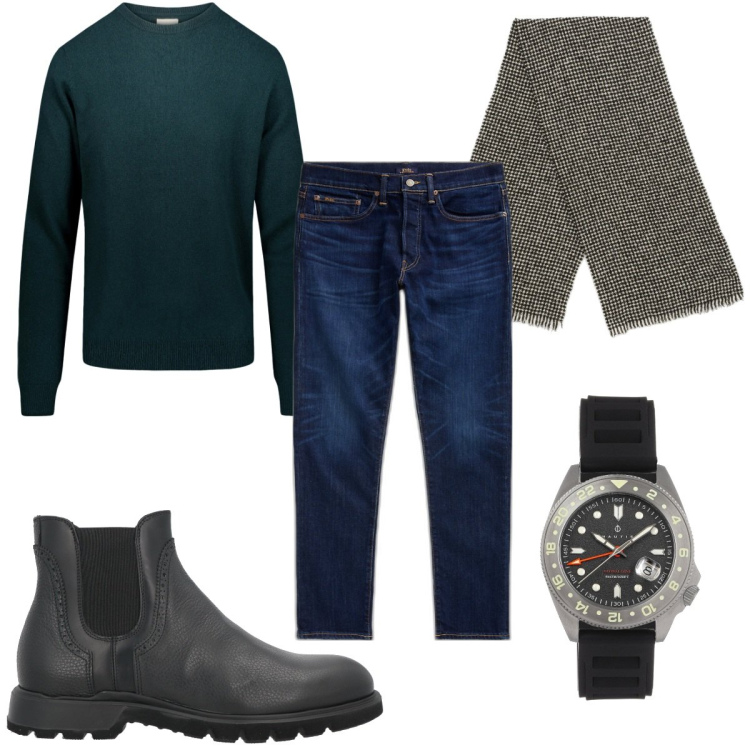 Outfit uomo - Total look #1819942. Stile Trendy per Tutti i giorni. Abbinamento con stivali e stivaletti, orologi, jeans, maglieria, sciarpe.