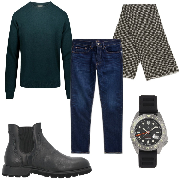 Outfit uomo - Total look #1819943. Stile Casual per Tutti i giorni. Abbinamento con stivali e stivaletti, orologi, jeans, maglieria, sciarpe.