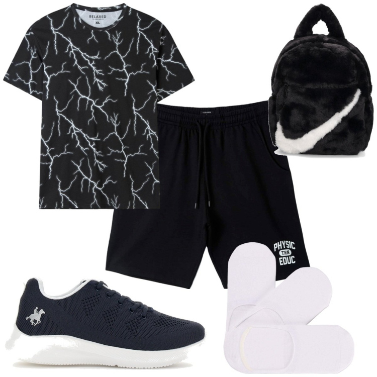 Outfit uomo - Total look #1819959. Stile Trendy per Sport. Abbinamento con t-shirt, calzini, pantaloni corti, sneakers, borse sportive.
