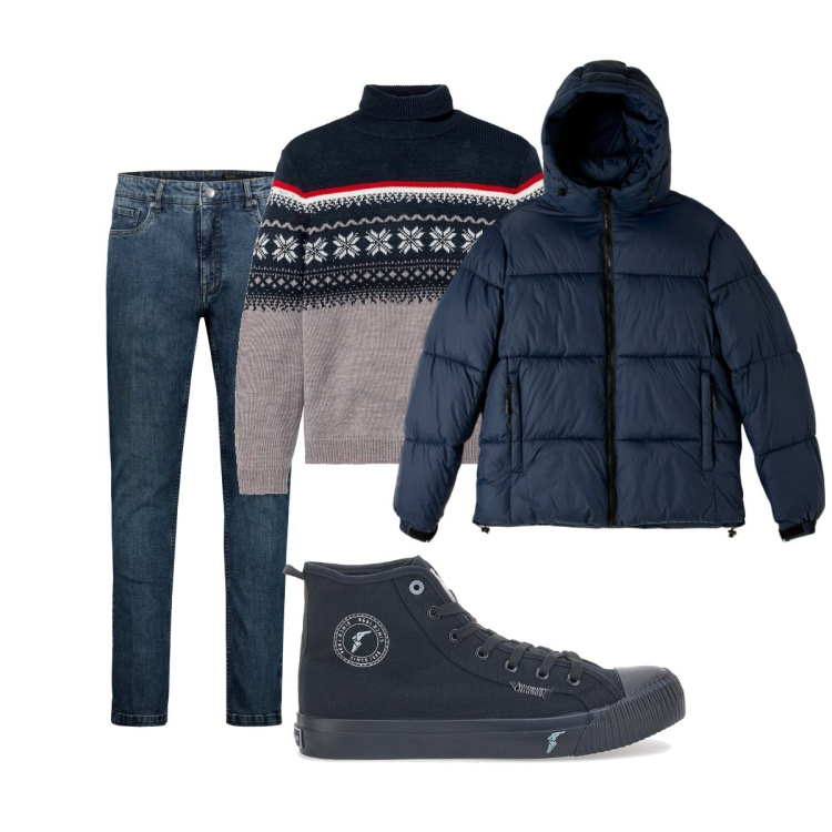 Outfit uomo - Total look #1819960. Stile Casual per Tutti i giorni. Abbinamento con maglieria, piumini, sneakers, jeans.