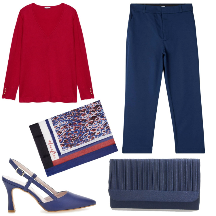 Outfit donna - Chic low cost. Stile Chic per Serata fuori. Abbinamento con pantaloni chino, maglieria, décolleté, sciarpe, pochette.