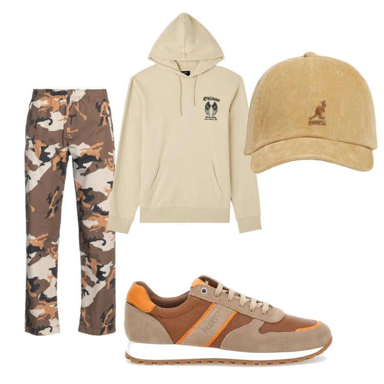 Outfit uomo - Total look #1819966. Stile Casual per Tutti i giorni. Abbinamento con pantaloni, felpe con cappuccio, cappelli, scarpe sportive.