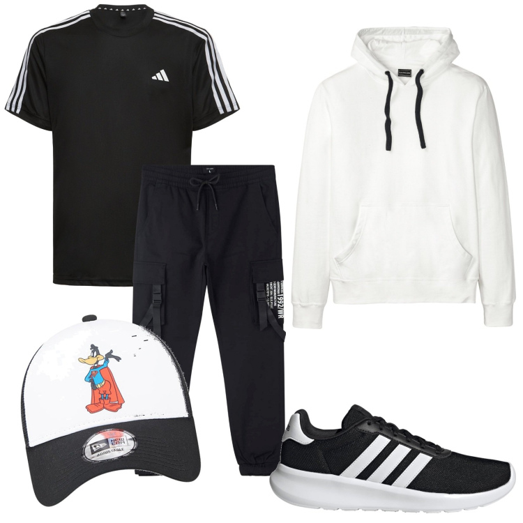 Outfit uomo - Total look #1819988. Stile Casual per Tutti i giorni. Abbinamento con felpe con cappuccio, pantaloni cargo, sneakers, t-shirt, cappelli.