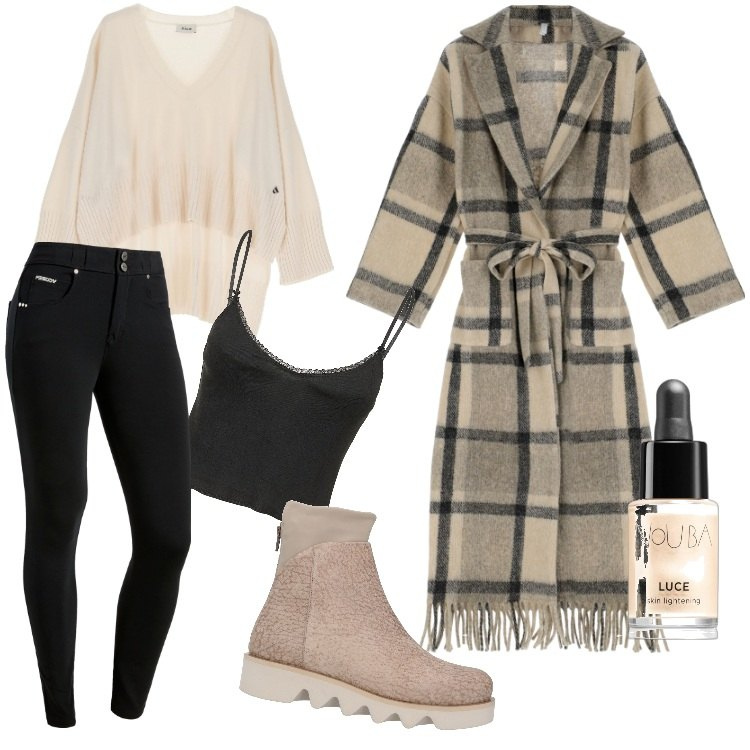 Outfit donna - Total look #1820012. Stile Casual per Tutti i giorni. Abbinamento con stivaletti, primer, trench, pantaloni skinny, pullovers, top.