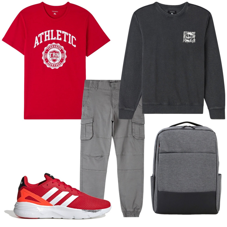 Outfit uomo - Total look #1820034. Stile Urban per Tutti i giorni. Abbinamento con t-shirt, pantaloni cargo, felpe, borse sportive, sneakers.