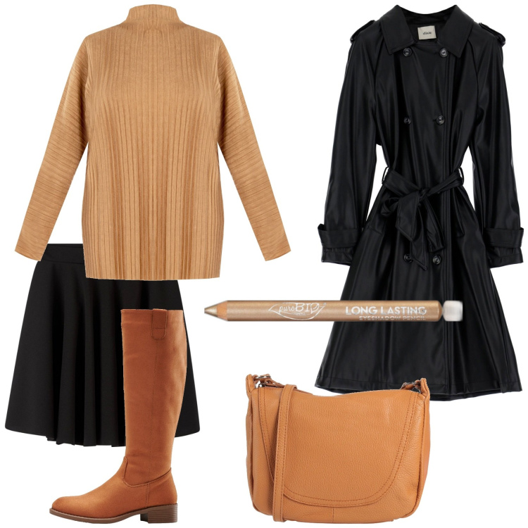 Outfit donna - Total look #1820036. Stile Casual chic per Tutti i giorni. Abbinamento con stivali, borse a tracolla, ombretti, gonne, maglieria, trench.