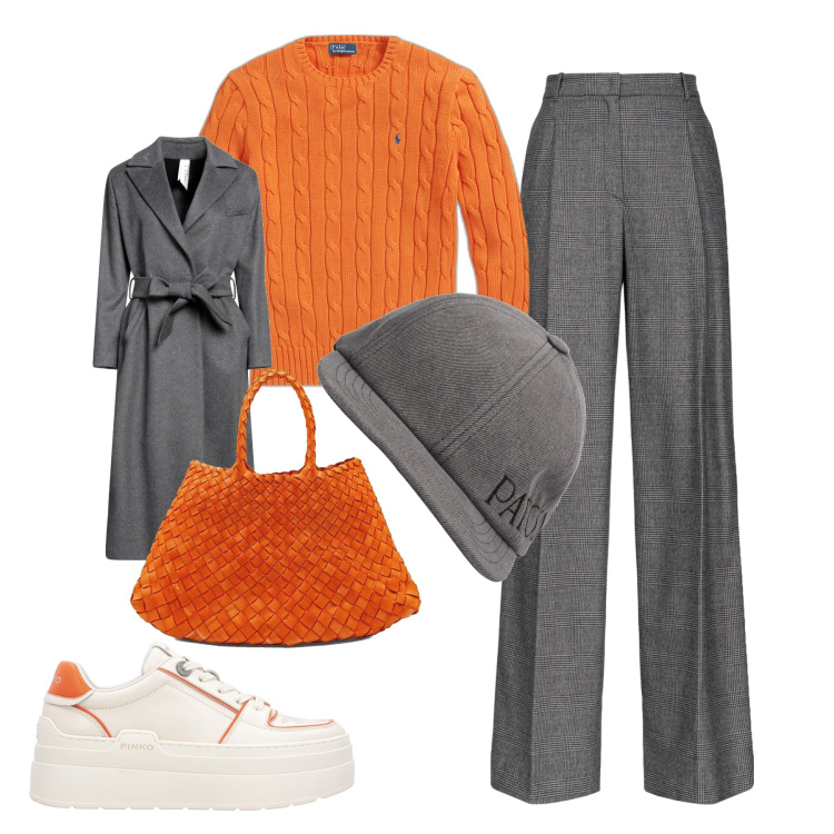 Outfit donna - Arancio e grigio. Stile Trendy per Tutti i giorni. Abbinamento con cappotti, pantaloni a palazzo, sneakers, maglieria, borse a spalla, cappelli.
