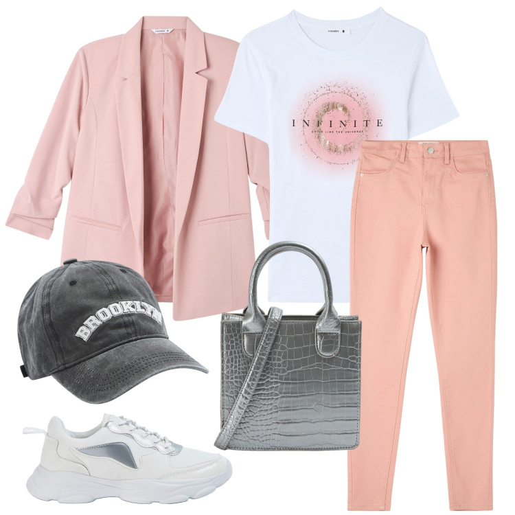 Outfit donna - Voglia di primavera. Stile Sporty chic per Tutti i giorni. Abbinamento con cappelli, sneakers, pantaloni skinny, shopping bag, blazer, t-shirt.