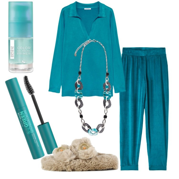 Outfit donna - Homewear comodo. Stile Basic per Tutti i giorni. Abbinamento con primer, mascara, leggings, ciabatte, maglieria, collane.
