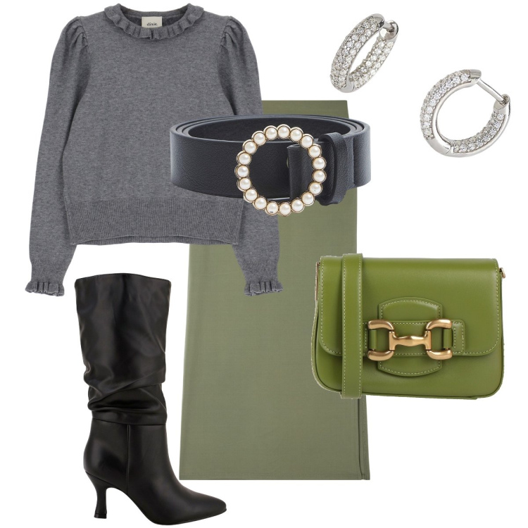 Outfit donna - La gonna con lo spacco. Stile Bon Ton per Serata fuori. Abbinamento con borse a tracolla, gonne lunghe, cinture, orecchini, stivali, maglieria.