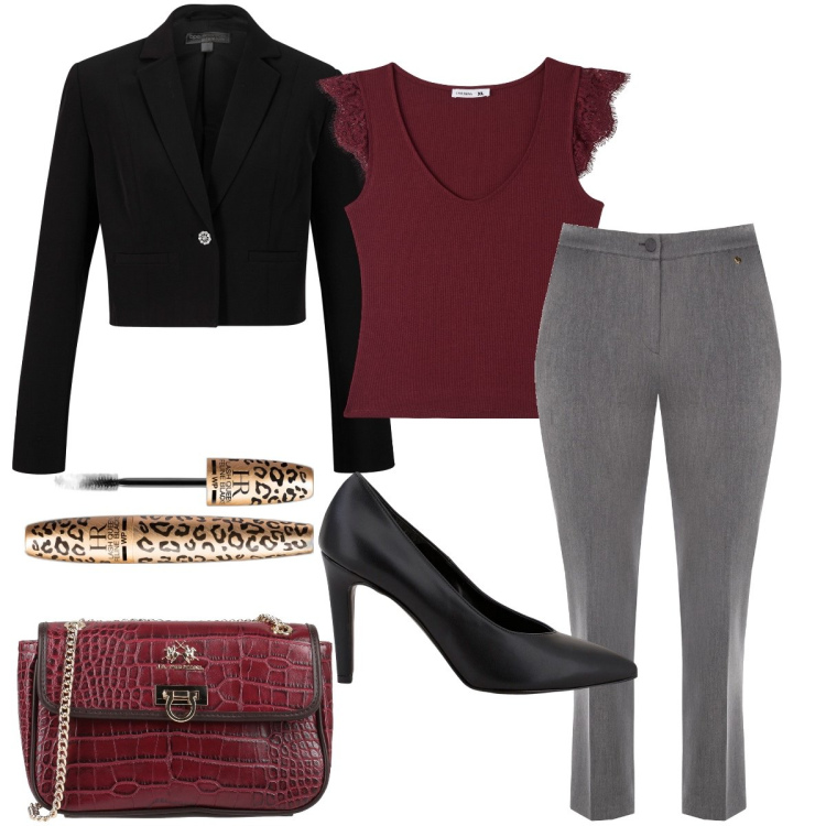 Outfit donna - Il mascara leopardato. Stile Bon Ton per Serata fuori. Abbinamento con blazer, borse a tracolla, mascara, canottiere, pantaloni skinny, décolleté.