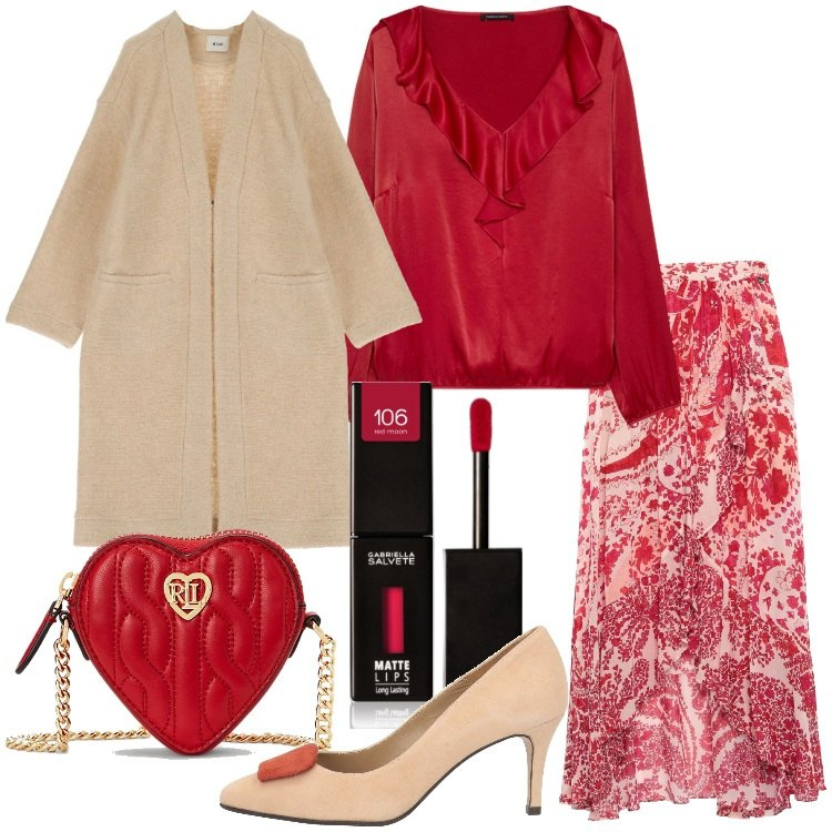 Outfit donna - Cerimonia a febbraio. Stile Romantica per Cerimonia. Abbinamento con gonne longuette, décolleté, rossetti, pochette, cappotti, bluse.
