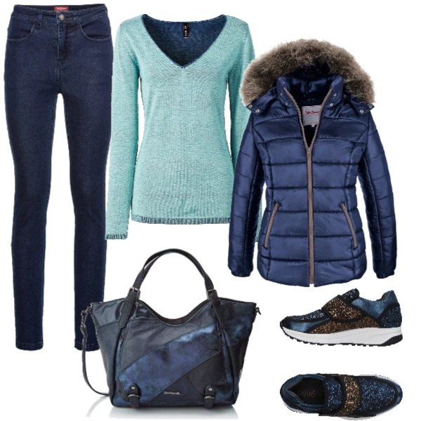 Outfit donna - Urban #7837. Stile Urban per Tutti i giorni. Abbinamento con piumini, pullovers, jeans vita alta in denim blu, sneakers, borsa a spalla navy.