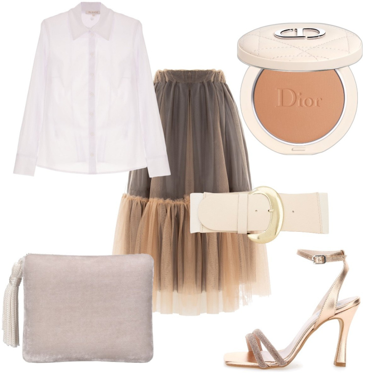 Outfit donna - Total look #1820077. Stile Chic per Cerimonia. Abbinamento con terre, camicie, minigonne, cinture, sandali col tacco, pochette.