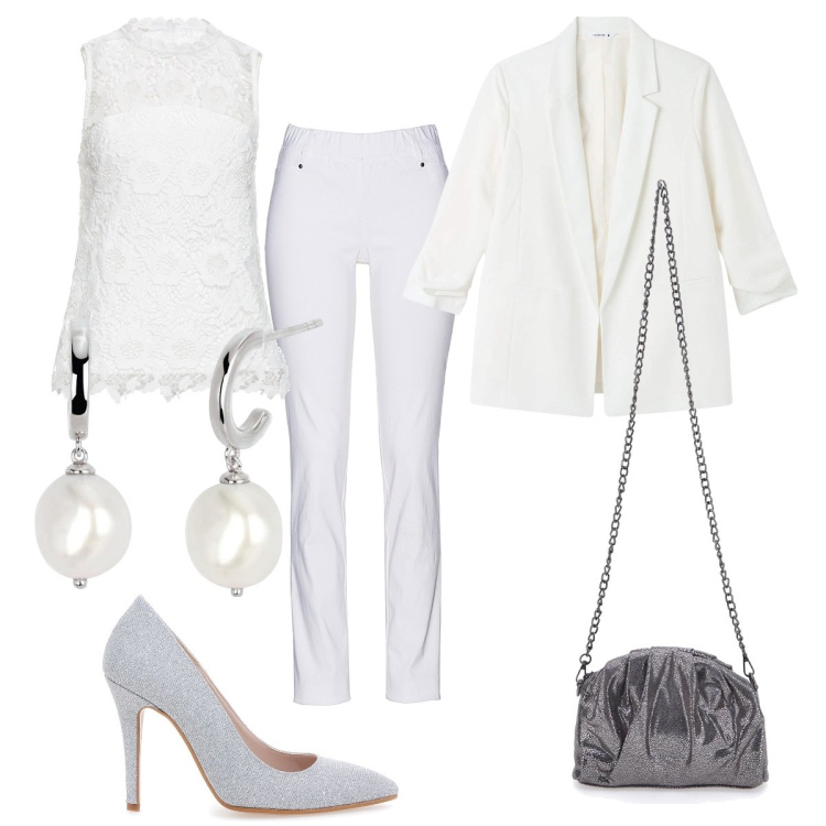Outfit donna - Total look #1820080. Stile Romantica Abbinamento con pantaloni, top, blazer, orecchini, borse a tracolla, décolleté.