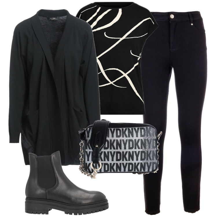 Outfit donna - Total look #1820093. Stile Urban per Tutti i giorni. Abbinamento con stivaletti chelsea, cardigans, borse a tracolla, jeans skinny, maglieria.