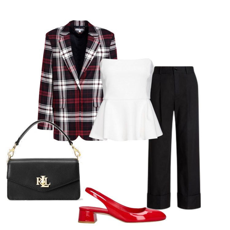 Outfit donna - Il top bianco. Stile Chic per Ufficio. Abbinamento con blazer, top, borse a tracolla, pantaloni, décolleté.