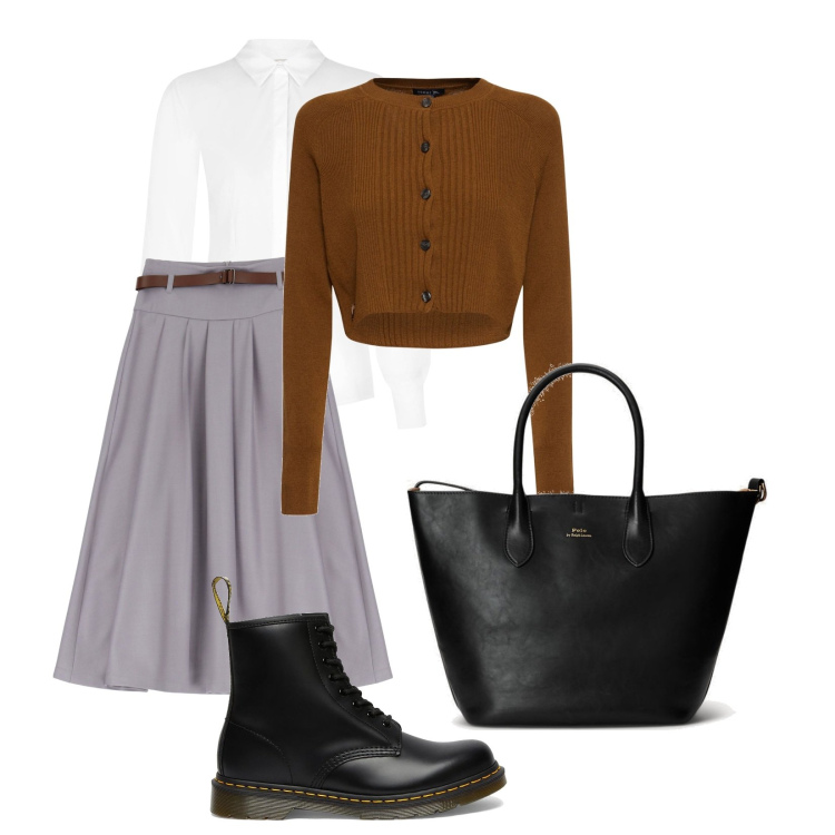 Outfit donna - Gonna grigia. Stile Bon Ton per Scuola/Università. Abbinamento con camicie, gonne longuette, borse tote, stivali sopra il ginocchio, cardigans.