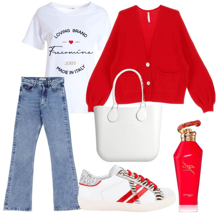 Outfit donna - Total look #1820117. Stile Trendy per Tutti i giorni. Abbinamento con borse a mano, profumi, sneakers, jeans dritti, t-shirt, cardigans.