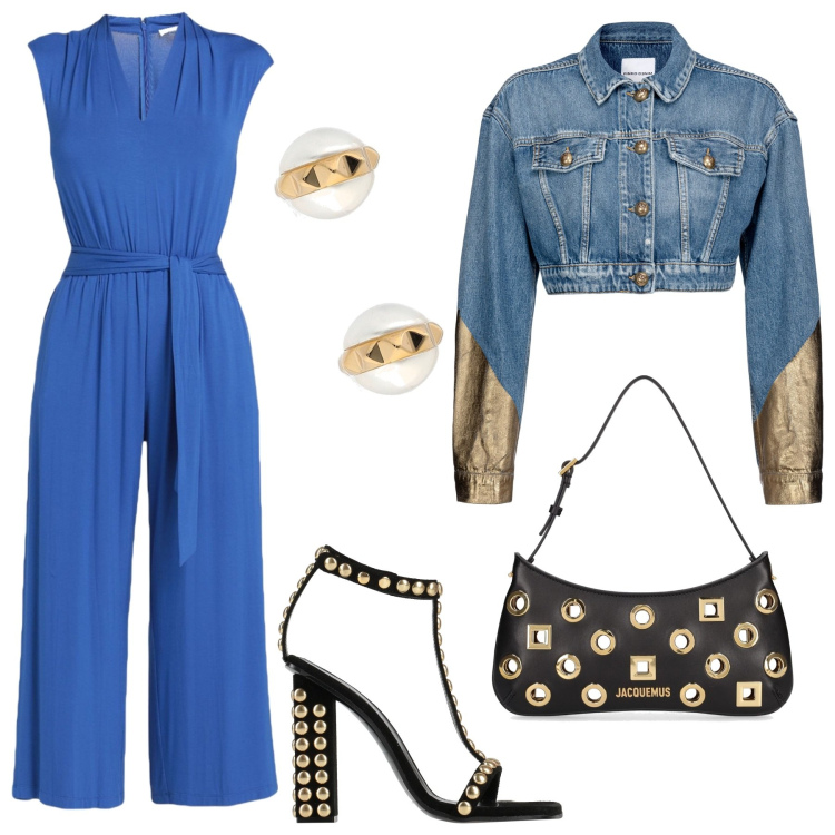 Outfit donna - Dettagli dotati. Stile Glamour per Serata fuori. Abbinamento con tute, sandali in pelle, blazer, borse a spalla, orecchini.