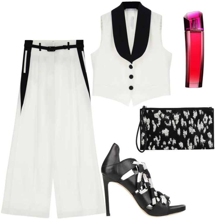 Outfit donna - Total look #1820128. Stile Chic per Tutti i giorni. Abbinamento con sandali in pelle, borse a mano, profumi, gilet, pantaloni a palazzo, top.