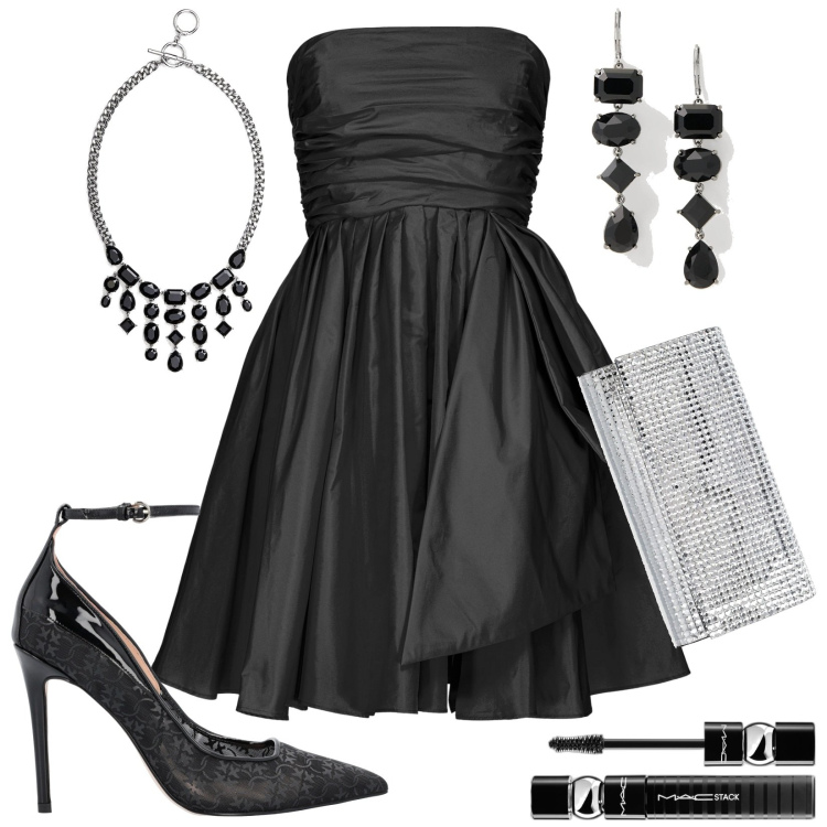 Outfit donna - Serata luxury. Stile Glamour per Serata fuori. Abbinamento con mascara, vestiti corti, décolleté, orecchini, collane, pochette.