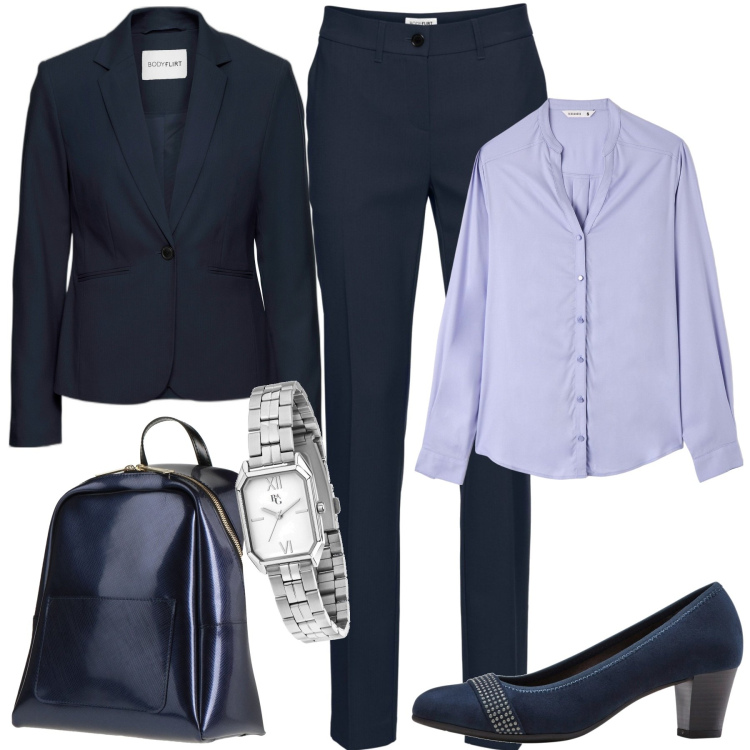 Outfit donna - Pronta per l\'ufficio. Stile Casual chic per Ufficio. Abbinamento con pantaloni, blazer, décolleté, zaini, orologi, camicie.