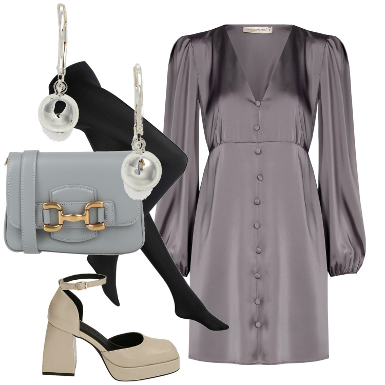 Outfit donna - Chi ha una vita. Stile Chic per Serata fuori. Abbinamento con collant, borse a tracolla, vestiti, décolleté, orecchini.