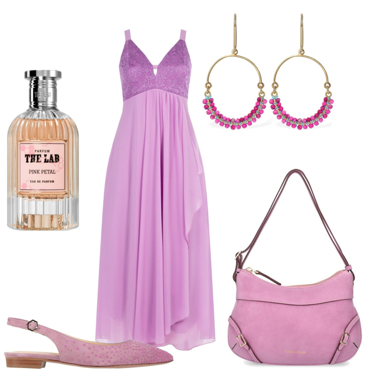 Outfit donna - In violetto profumato. Stile Glamour per Tutti i giorni. Abbinamento con ballerine, profumi, vestiti lunghi, orecchini, borse a spalla.