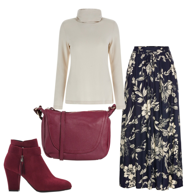 Outfit donna - City. Stile Chic per Tutti i giorni. Abbinamento con gonne lunghe, stivaletti, borse a tracolla, maglieria.