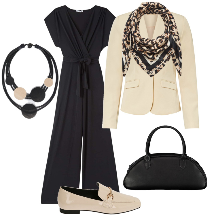 Outfit donna - Salopette in ufficio. Stile Glamour per Ufficio. Abbinamento con blazer, tute, foulard, mocassini, collane, borse a spalla.