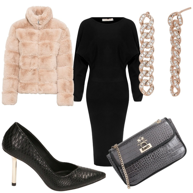 Outfit donna - Total look #1820206. Stile Chic per Serata fuori. Abbinamento con ecopellicce, borse a tracolla, orecchini, vestiti midi/longuette, décolleté.
