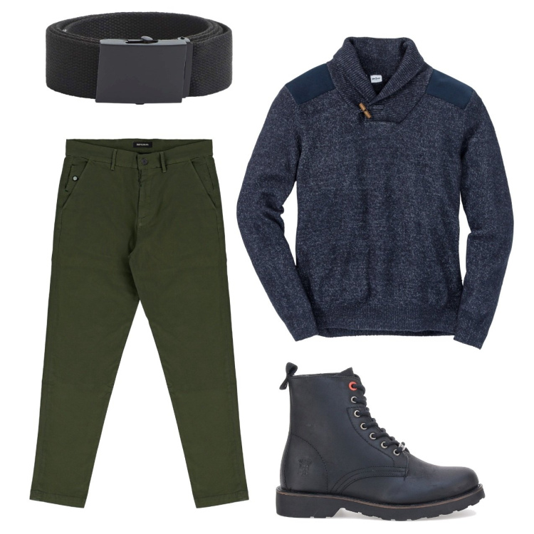 Outfit uomo - Melange blu. Stile Urban per Tutti i giorni. Abbinamento con maglieria, cinture, pantaloni, stivali e stivaletti.